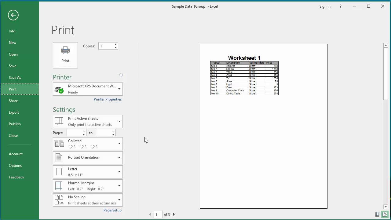 How to Print only Specific Worksheets of a Workbook in Excel 2016