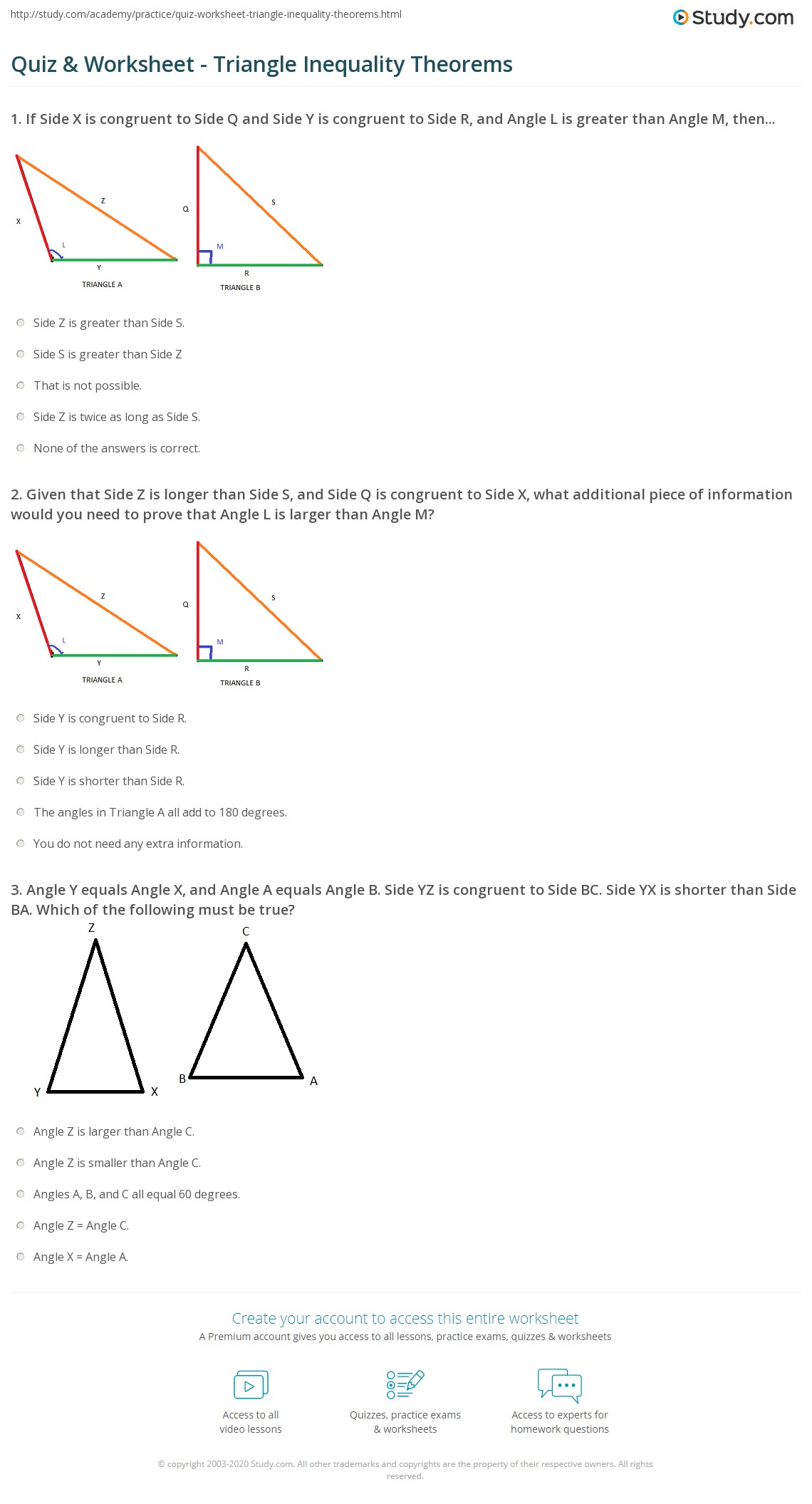 Quiz &  Worksheet - Triangle Inequality Theorems | Study.com