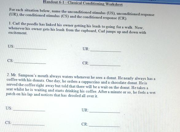 Solved Handout 6-1 - Classical Conditioning Worksheet For | Chegg.com