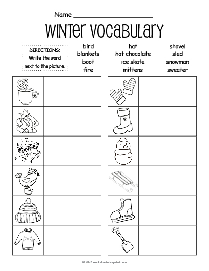 Winter Vocabulary Fill In Worksheet