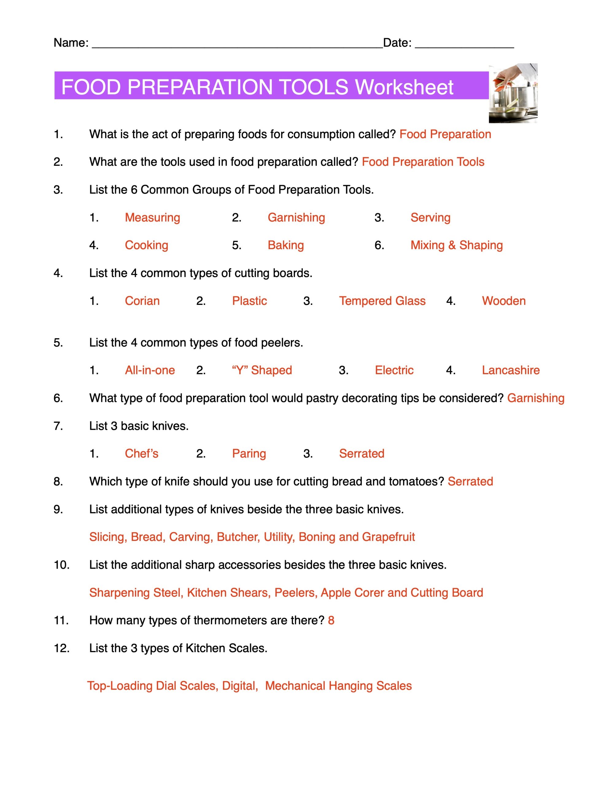 Food Preparation Tools Content Sheet, Worksheet And Answer Key