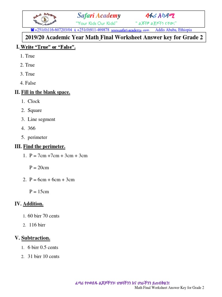 Grade 2 Math Final Worksheet Answer Key PDF Worksheets Library