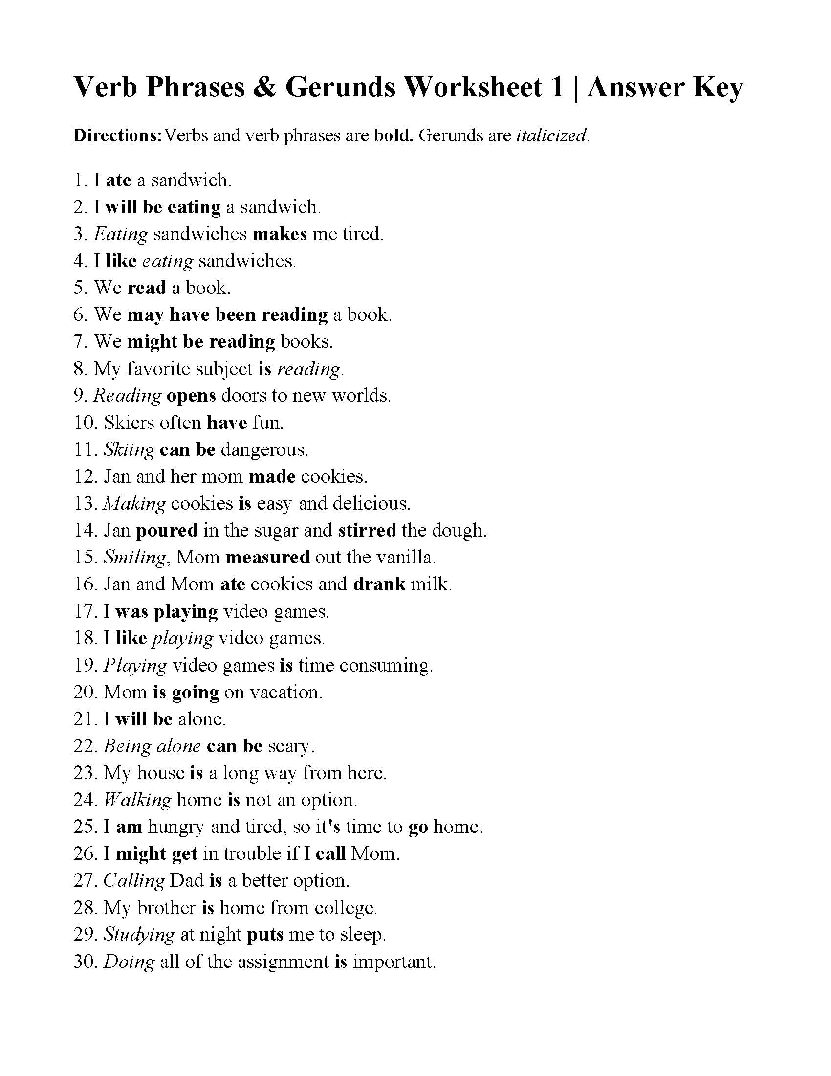 Verbs, Verbs of Being, and Gerunds Worksheet | Answers