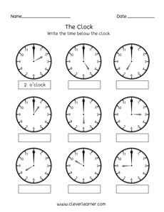 worksheet with time to the hour