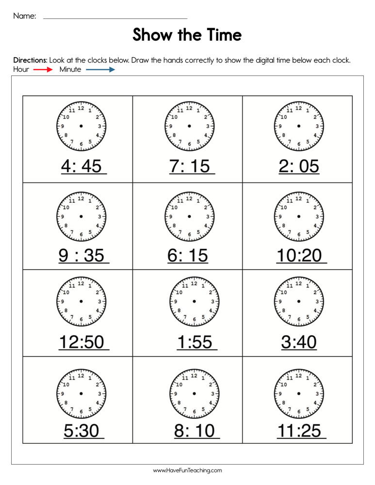worksheet with time to the