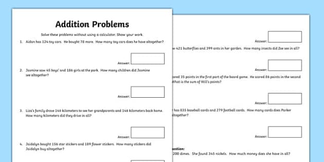 Addition Word Problems Worksheet / Worksheet (teacher made)