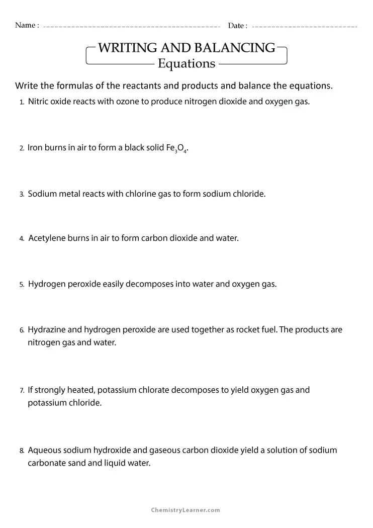 worksheet writing and balancing chemical reactions answers