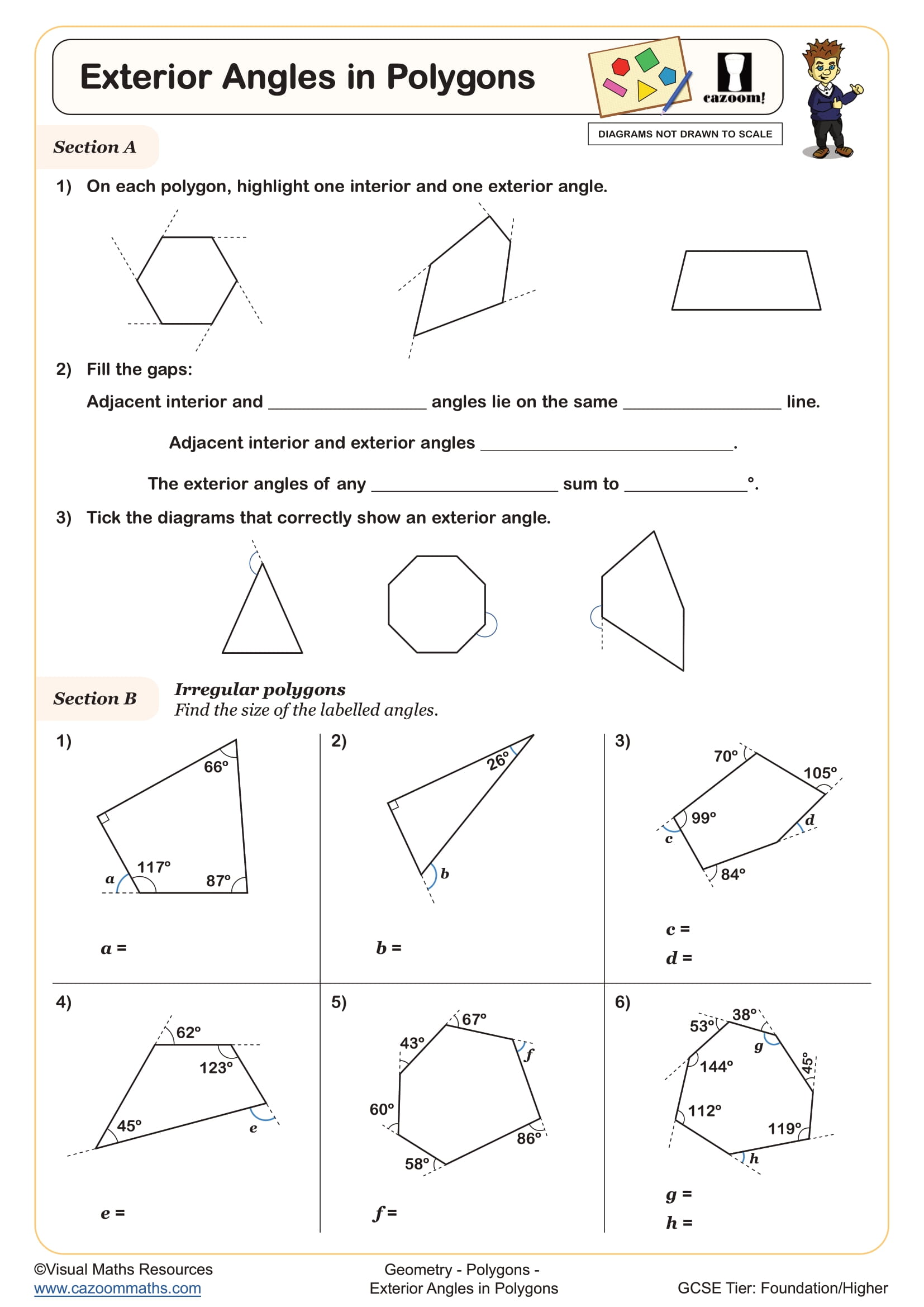 Exterior Angles in Polygons Worksheet | Printable PDF Year 8 and ...