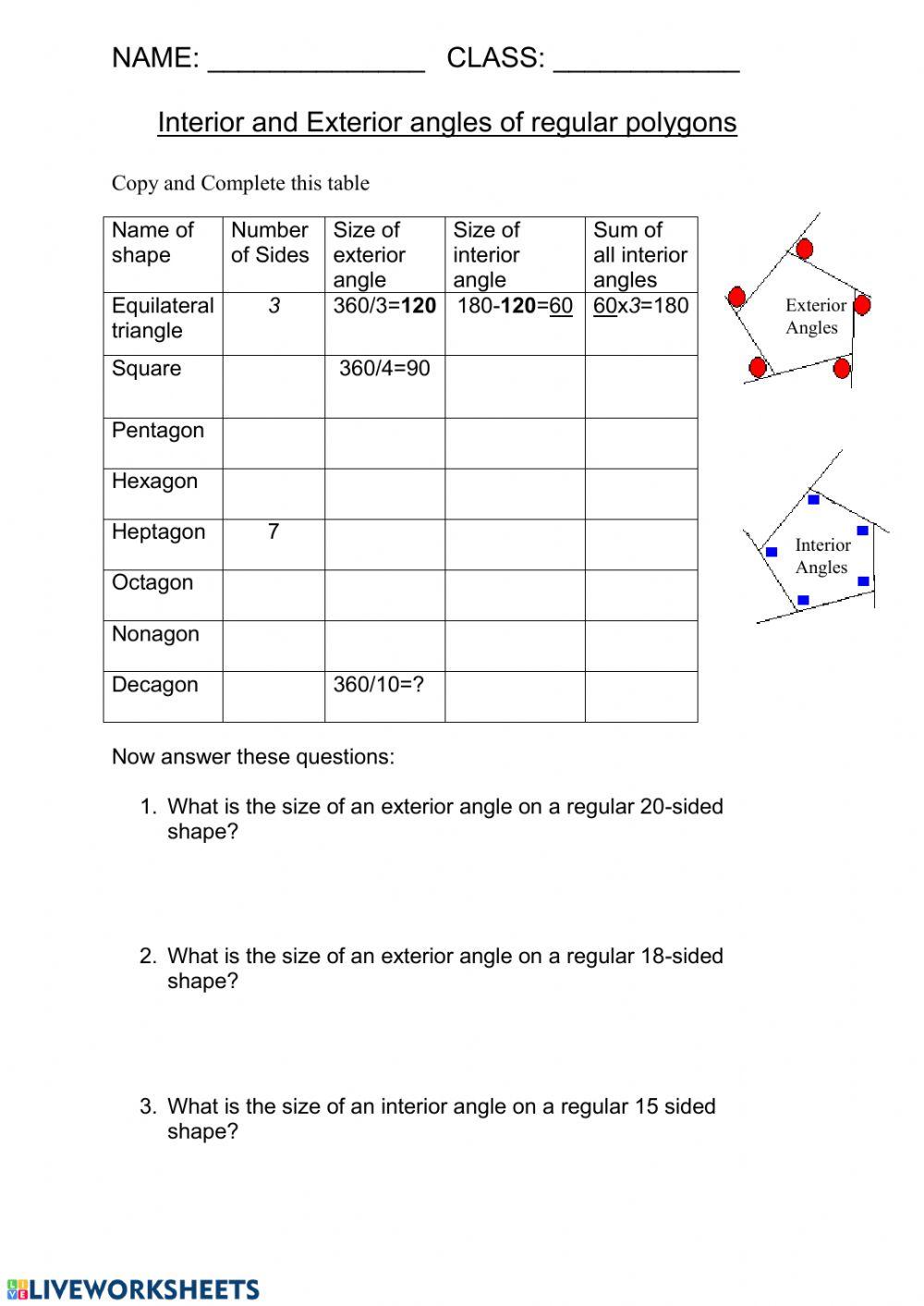 worksheetinterior and exterior angles of polygons worksheet with answers 1