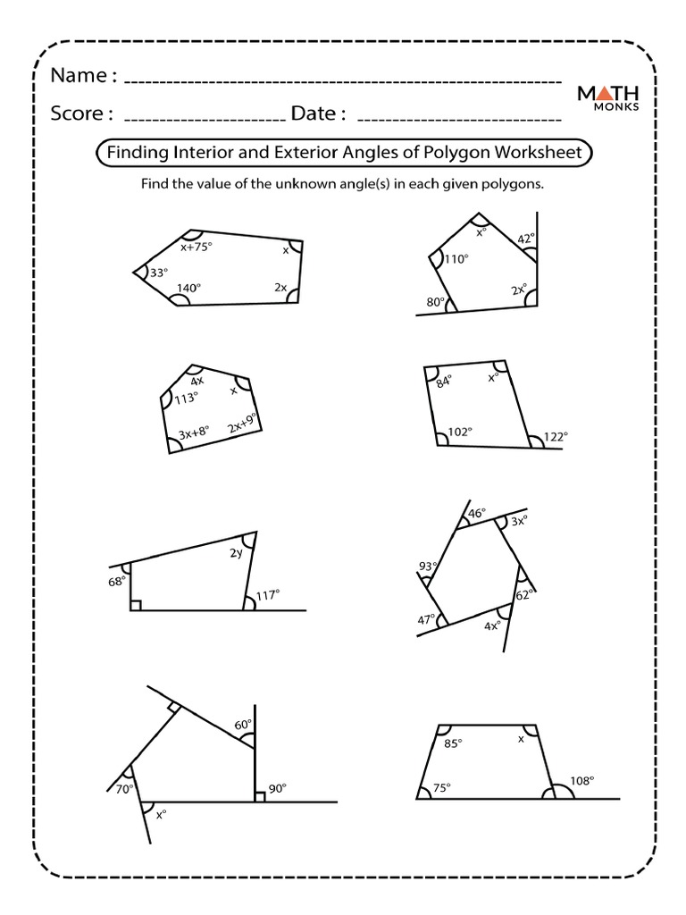 worksheetinterior and exterior angles of polygons worksheet with answers 1