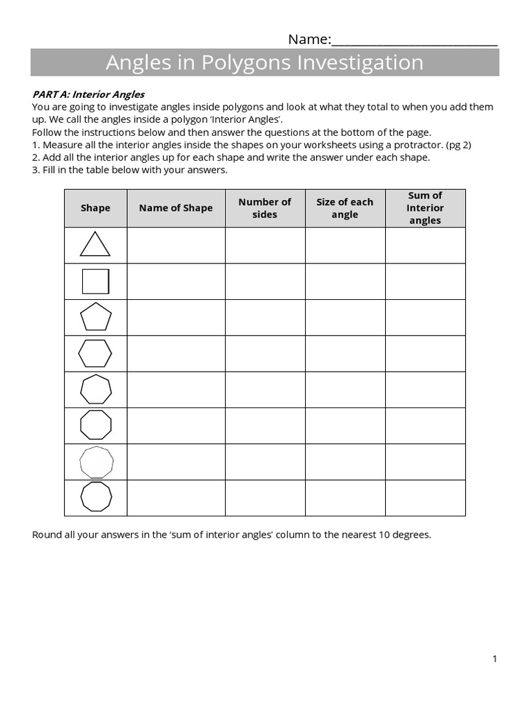 Angles in Polygons Investigation Worksheet | PDF | Angle | Summation