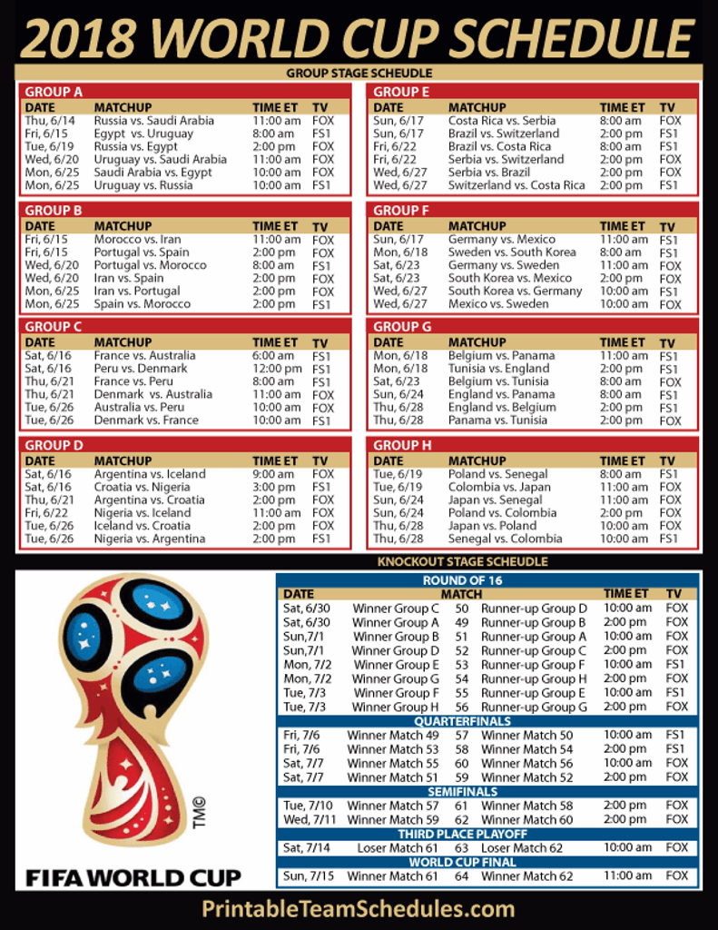 world cup 2018 schedule printable a3