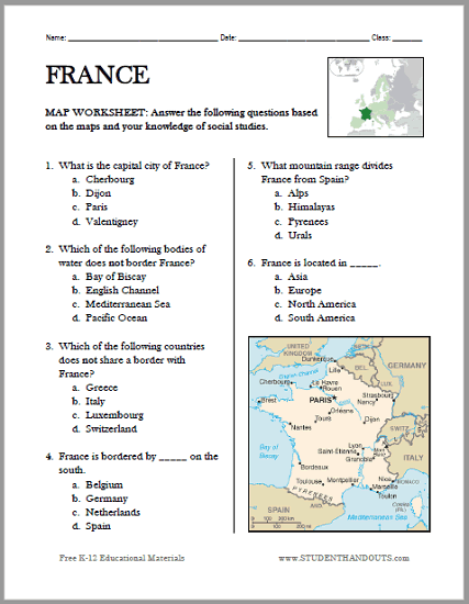 France Map Worksheet | Student Handouts