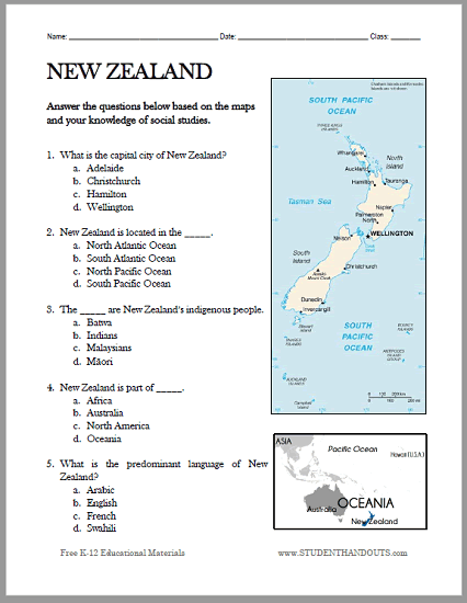 New Zealand Map Worksheet | Student Handouts