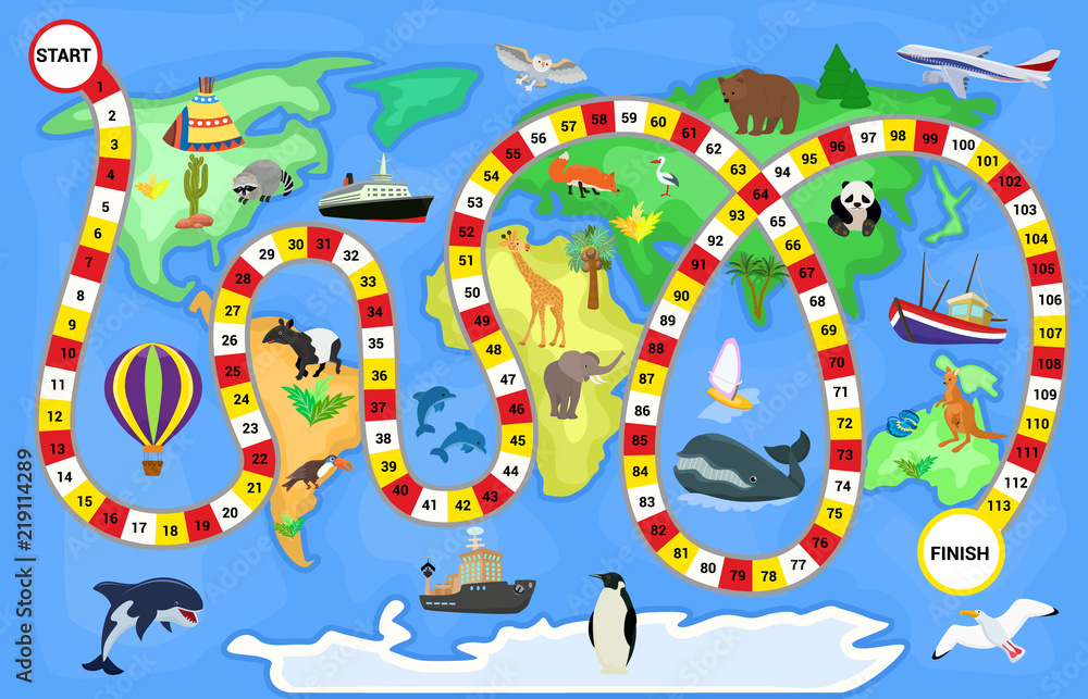 Board game vector cartoon kids boardgame on world map background ...