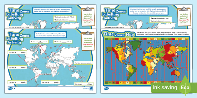 Time Zones Differentiated Labelling Activity - KS2 - Twinkl