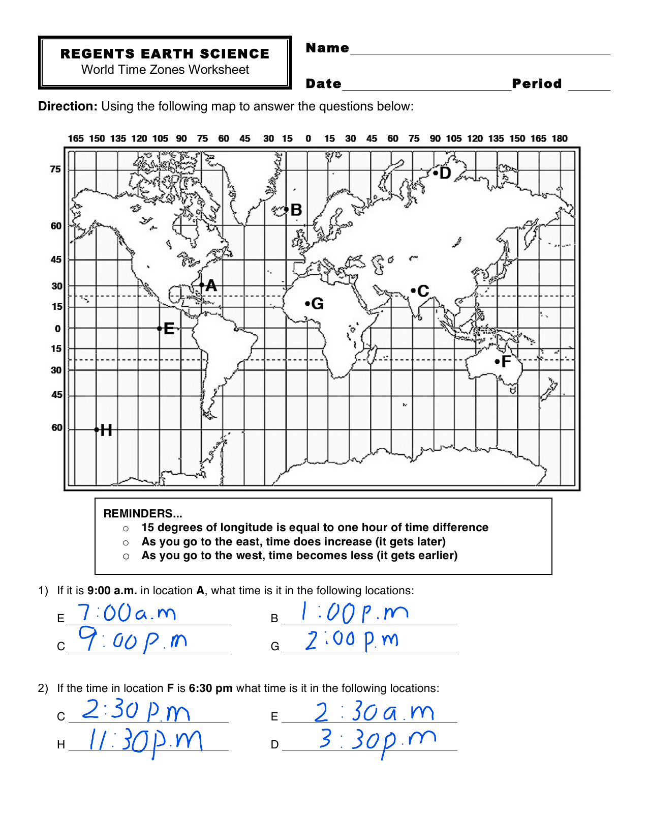 world time zones worksheet
