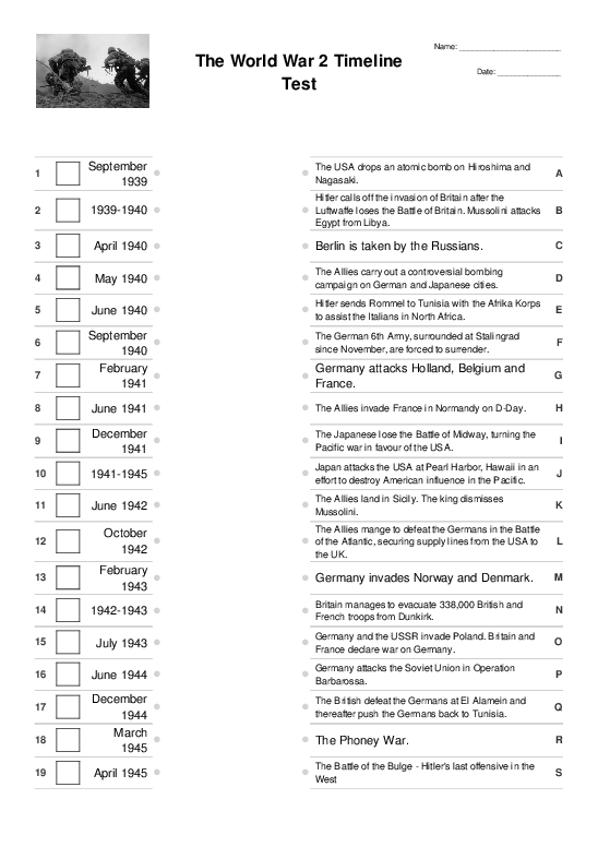 WW2 Timeline Test - Matching Pairs Worksheet - Quickworksheets