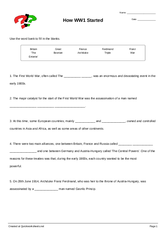 How WW1 Started - Cloze Test Worksheet - Quickworksheets