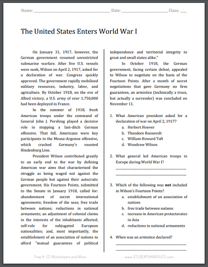 United States Enters World War I Reading with Questions | Student ...