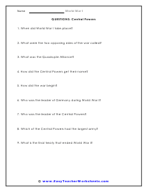 World War I Worksheets