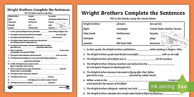 Wright Brothers Complete the Sentences Activity - Twinkl