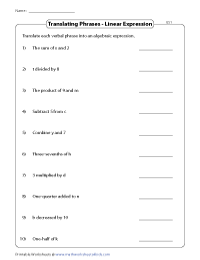 Translating Phrases into Algebraic Expressions Worksheets