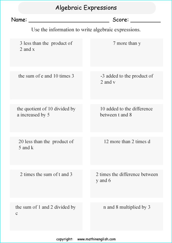 write algebraic expressions worksheet