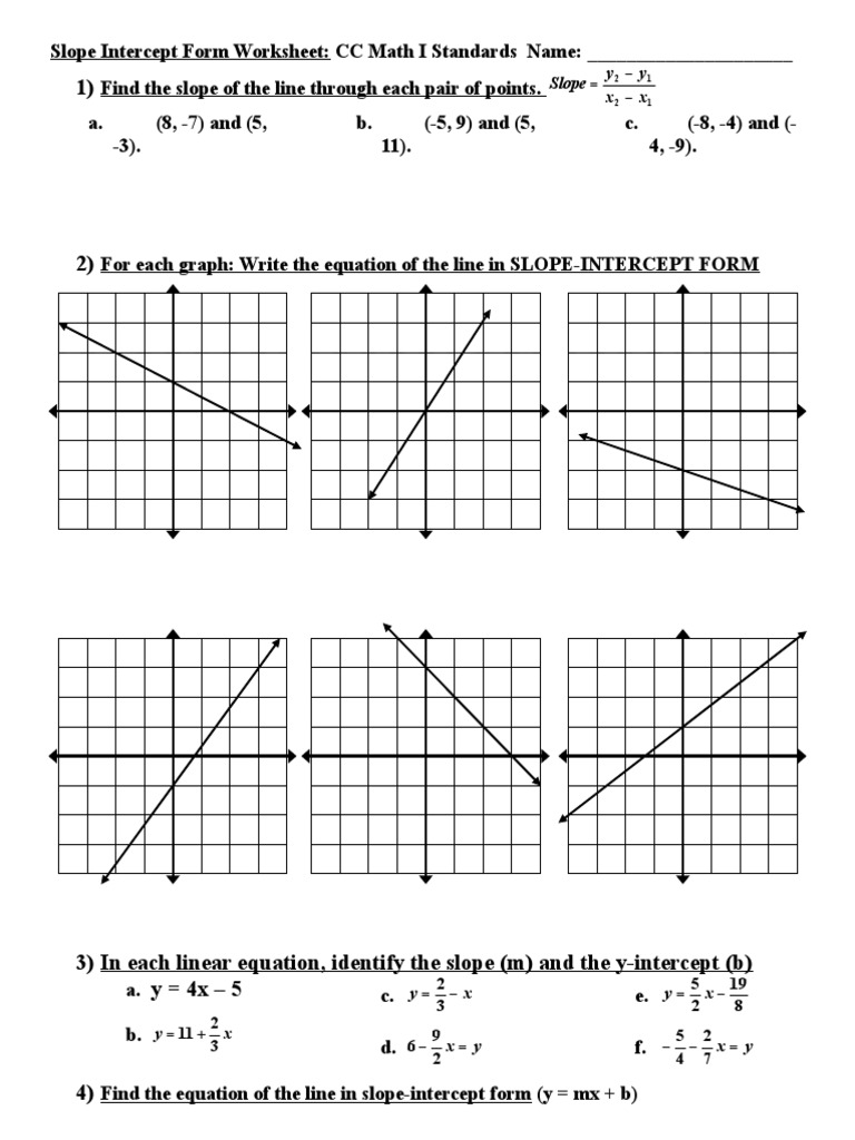 write an equation in slope intercept form worksheet