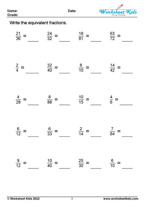 Equivalent Fractions Worksheets for 3rd and 4th Grade - Free PDF