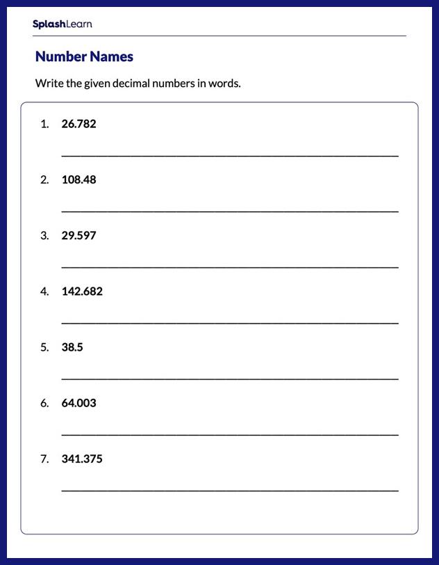 Writing Decimal Number Names - Math Worksheets - SplashLearn