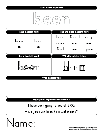 BEEN Sight Word Worksheet  