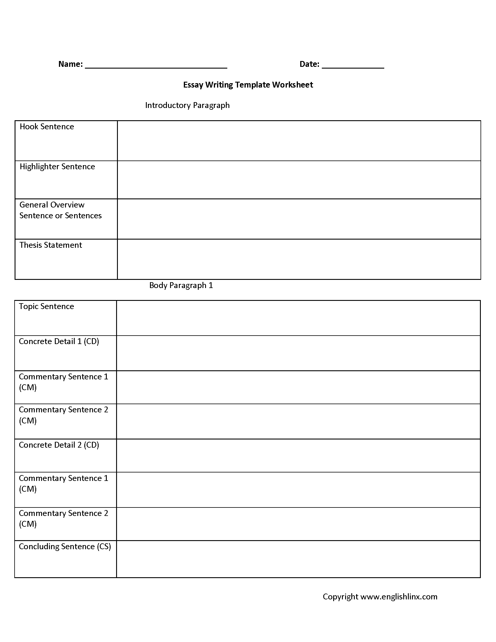 Writing Template Worksheets | Five Paragraph Essay Writing ...