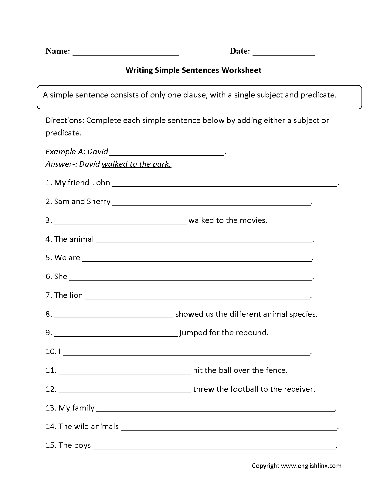 Simple Sentences Worksheets | Writing with Simple Sentences Worksheet