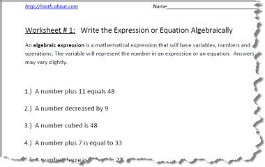 Pre Algebra Worksheets for Writing Expressions