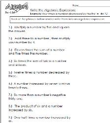 Write Algebraic Expressions Worksheets