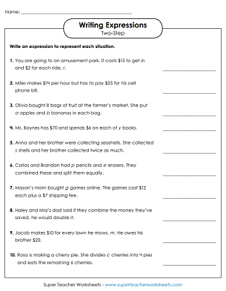 Writing Algebraic Expressions - Worksheets