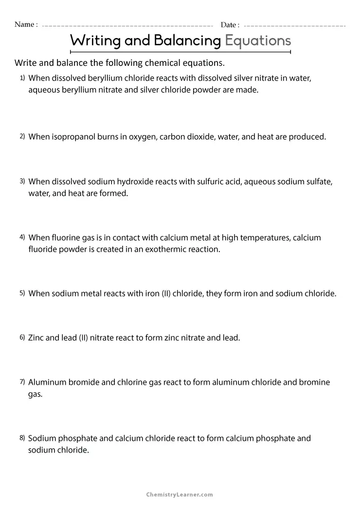 Free Printable Writing and Balancing Chemical Equations Worksheets