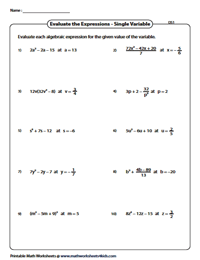 Evaluating Algebraic Expression Worksheets
