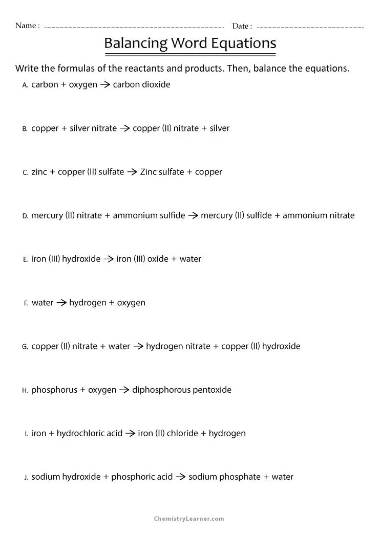 writing chemical equations worksheet answers