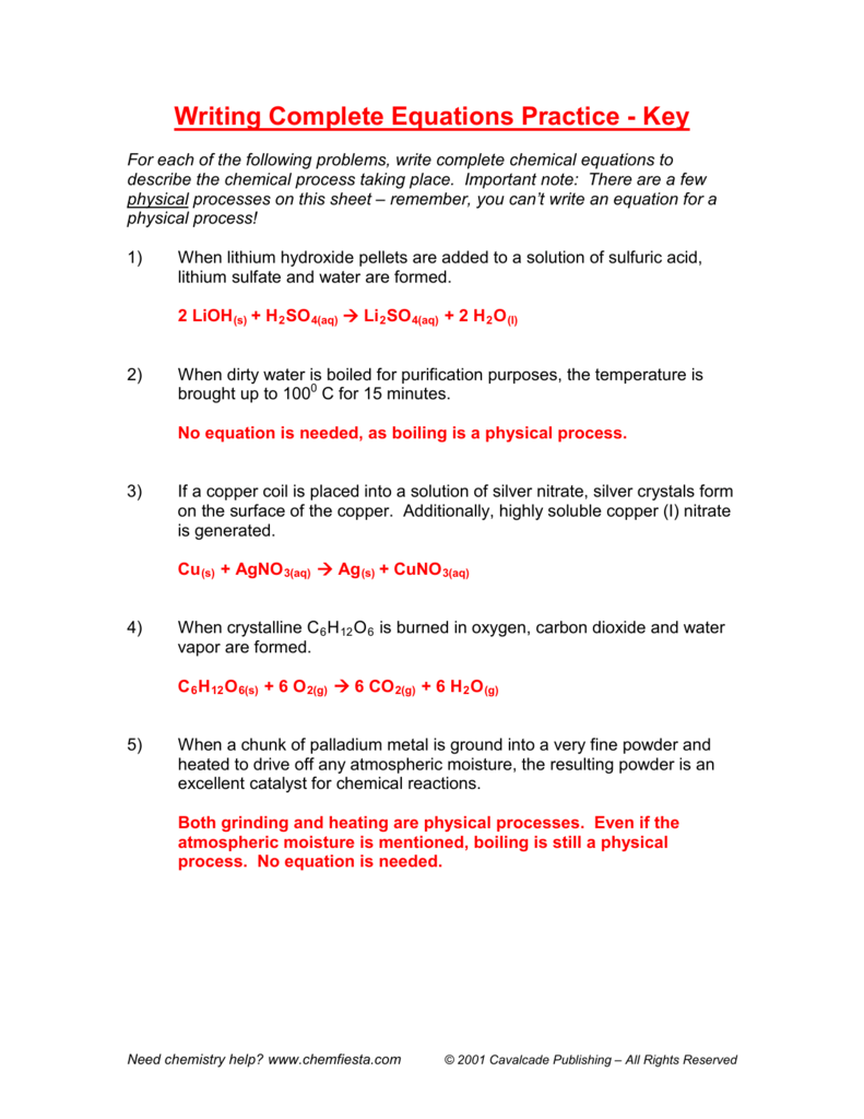 writing chemical equations worksheet answers