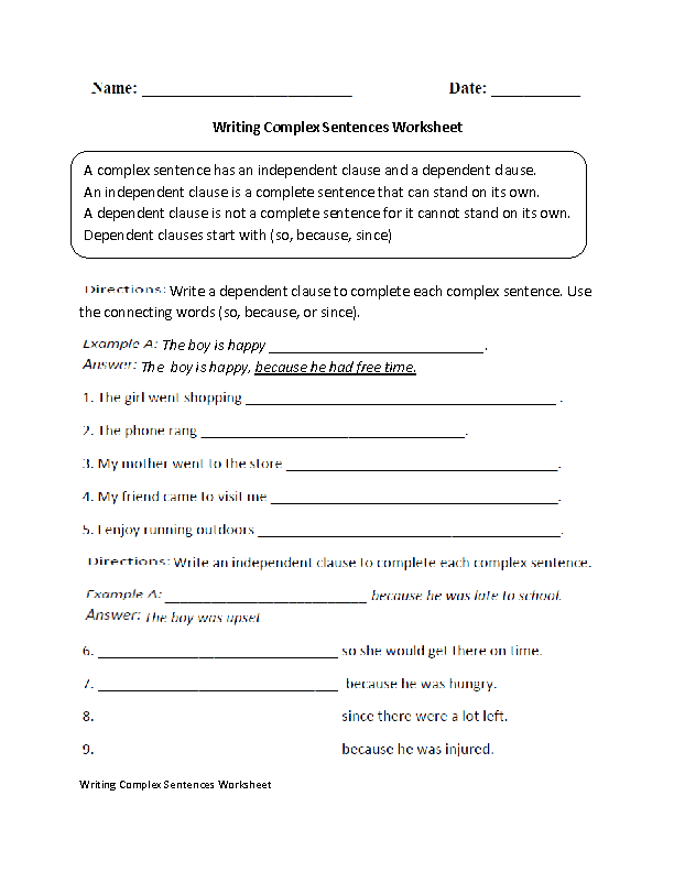 Sentences Worksheets | Complex Sentences Worksheets
