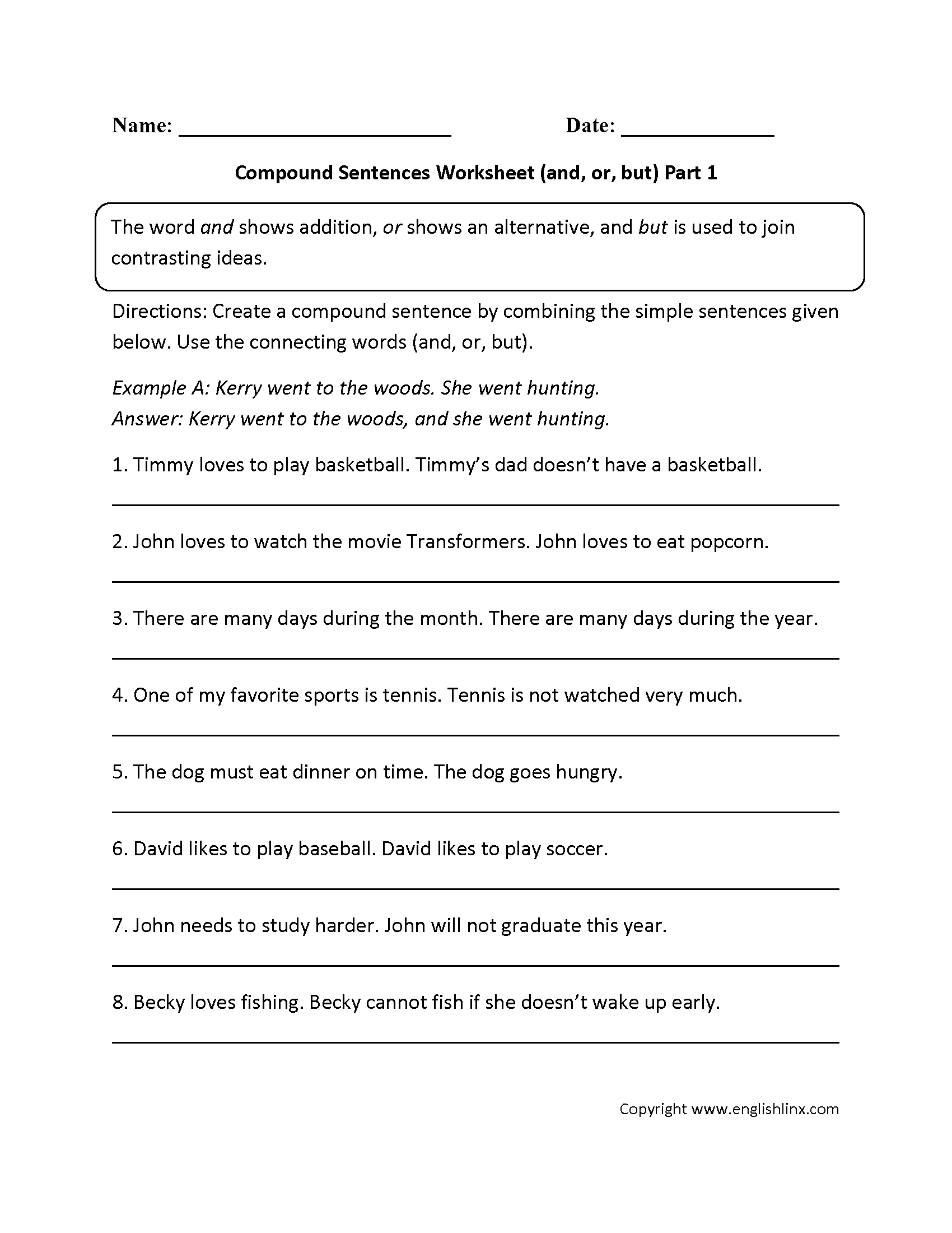 Sentences Worksheetes | Compound Sentences Worksheets
