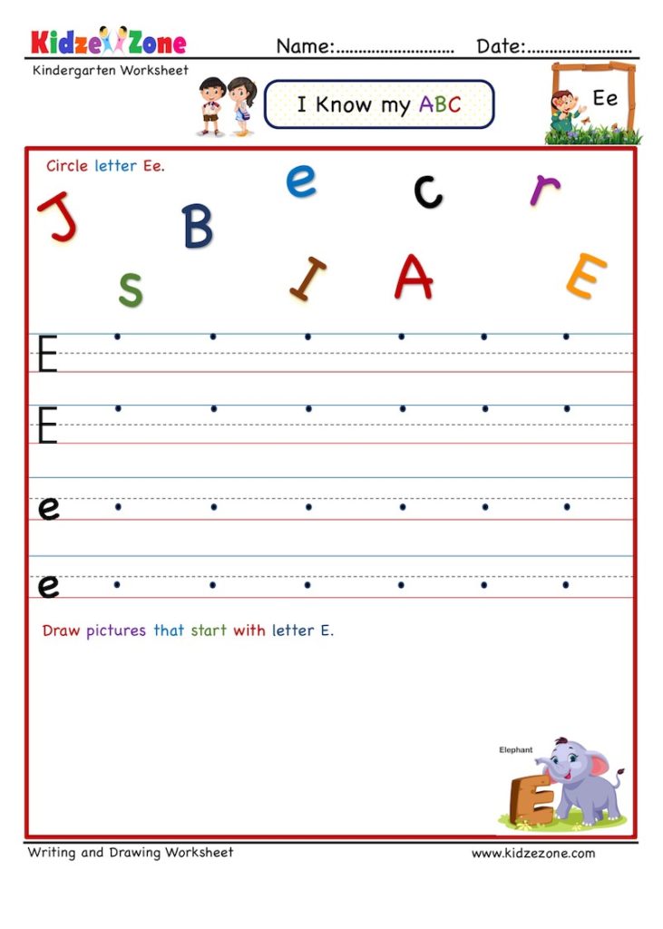 Kindergarten Letter Writing worksheets - Letter E - KidzeZone