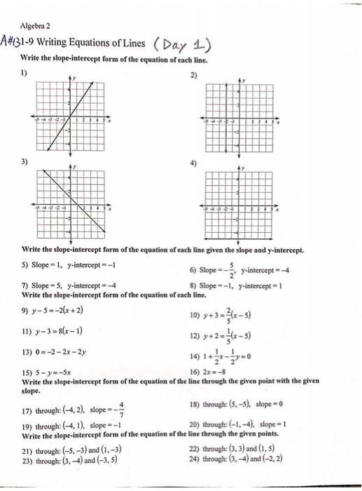 writing equations in slope intercept form worksheet answers