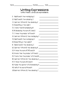 writing expressions worksheet 6th grade
