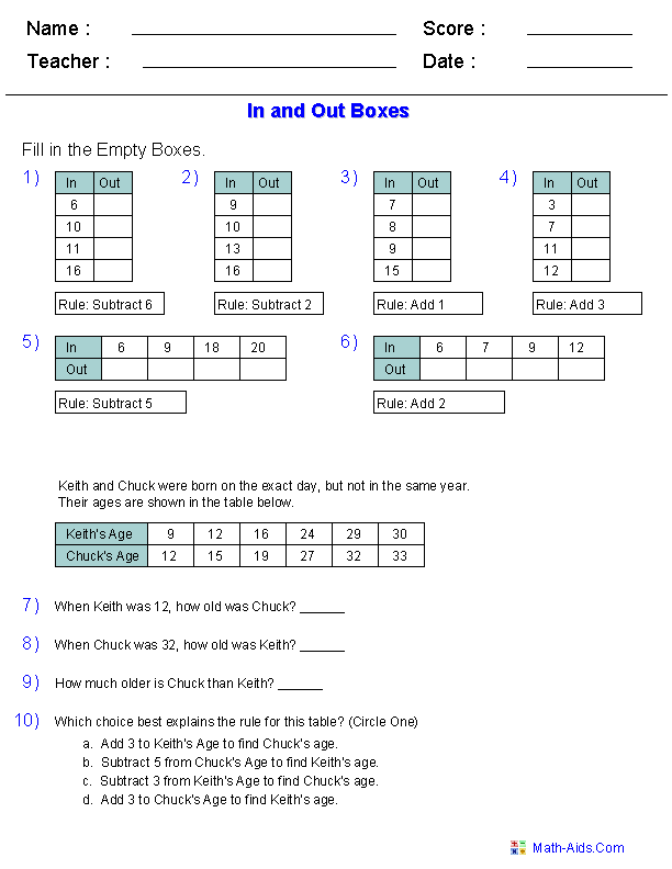 Function Table Worksheets | Function Table &  In and Out Boxes ...