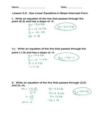 writing linear equations in slope intercept form worksheet