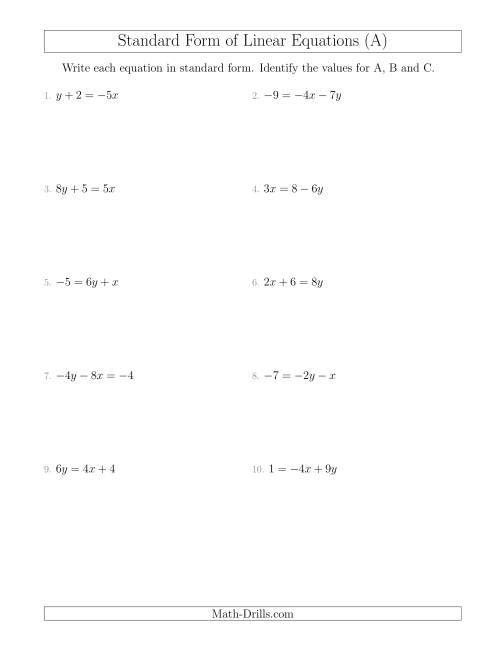 writing linear equations in standard form worksheet