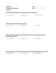 Chapter 2.4 - Writing Linear Equations Worksheet for 7th - 9th ...